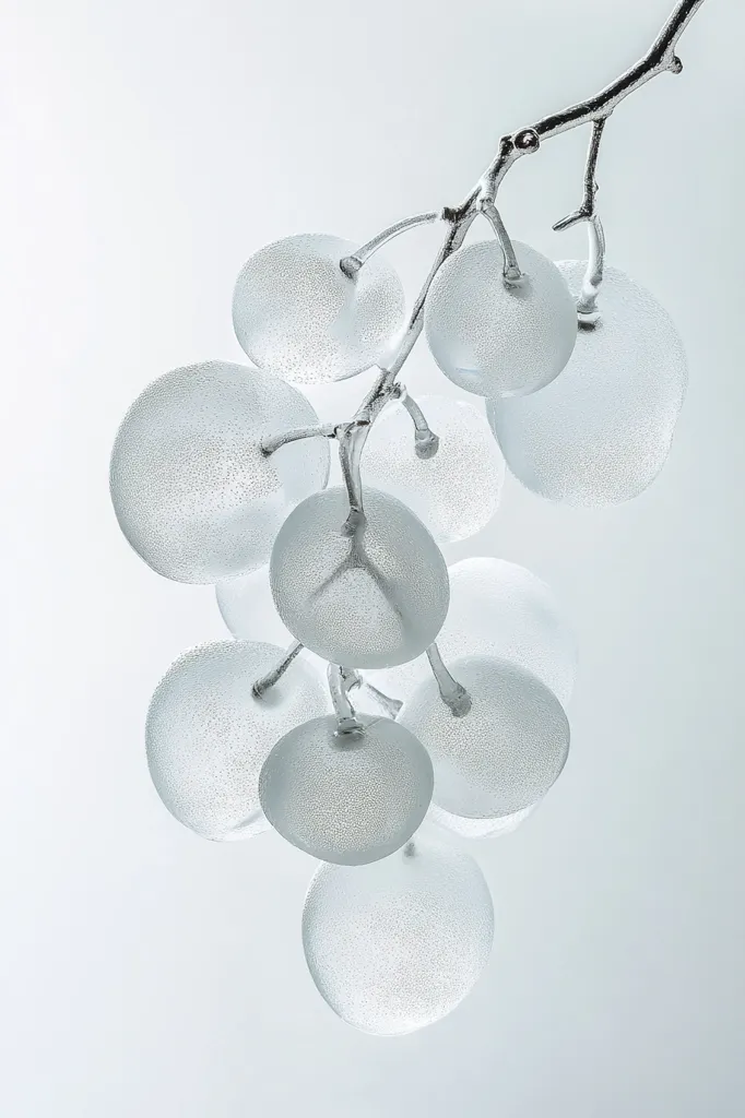 Here's a description of the image:

The photograph showcases a stylized bunch of grapes, seemingly crafted from frosted glass or a similar translucent material.  Each grape is spherical, subtly textured with tiny embedded specks, giving the appearance of dew or frost.  The grapes are attached to a delicate, silvery branch, which extends diagonally across the frame against a plain, light-grey backdrop. The overall effect is minimalist, emphasizing the form and texture of the artificial fruit, and creating a serene, almost ethereal mood.