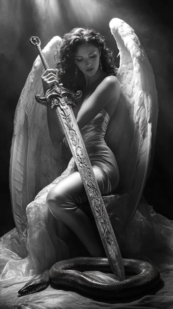 Here's a description of the image:

A monochromatic image depicts a woman, possibly an angel, with large, feathered wings. She's seated and cradles a large, ornate sword. Her pose suggests strength and a hint of vulnerability.  The woman's dark, curly hair cascades around her, contrasting with the light fabric beneath her. A large snake is coiled at her feet, adding to the dramatic and slightly mysterious mood of the photograph. The overall effect is one of gothic elegance and power.