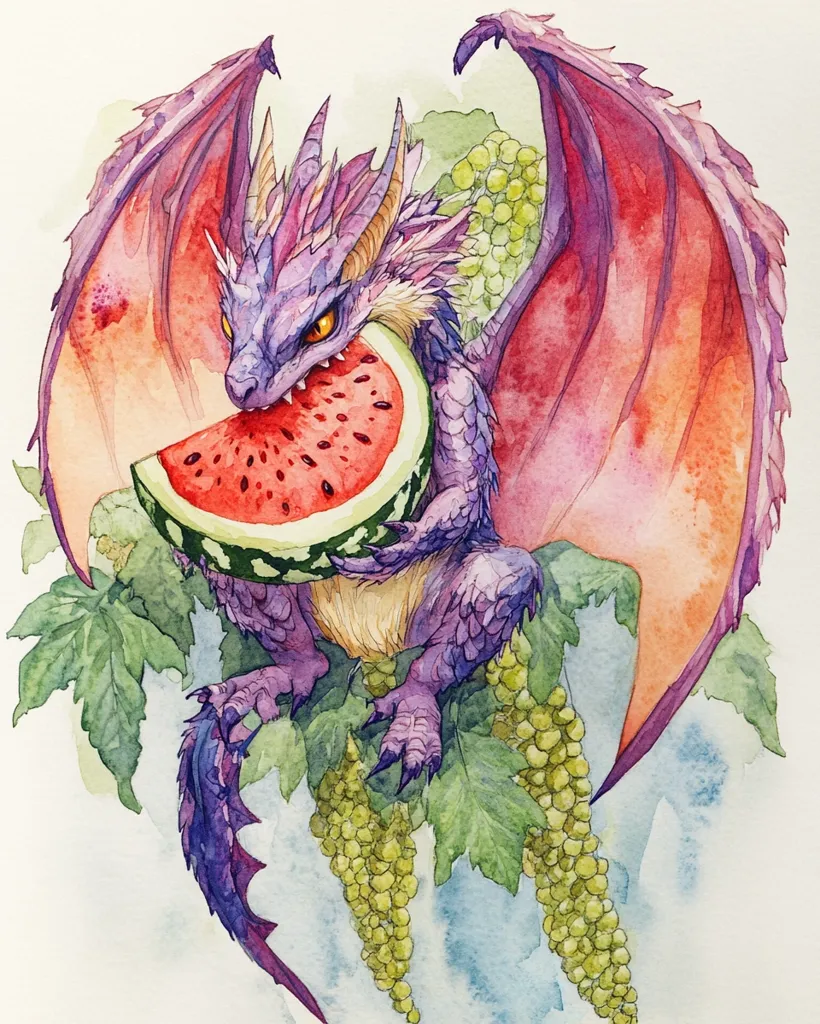 A whimsical watercolor painting depicts a small, purple dragon perched amidst green foliage.  Its wings are a vibrant blend of pink and purple, and it's happily biting into a large slice of watermelon.  Bunches of green grapes hang from the leaves surrounding the dragon, adding to the idyllic, summery scene. The dragon's expression is playful, and the overall style is charming and fantastical.