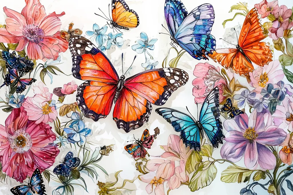 A vibrant watercolor painting showcases a profusion of colorful butterflies and flowers.  Large, intricately detailed butterflies in shades of orange, blue, and black dominate the composition, fluttering amongst a variety of blossoms in pinks, purples, and blues. Smaller butterflies add depth, while the flowers, rendered with delicate brushstrokes, create a lush and lively background. The overall effect is one of exuberant natural beauty and artistic skill.