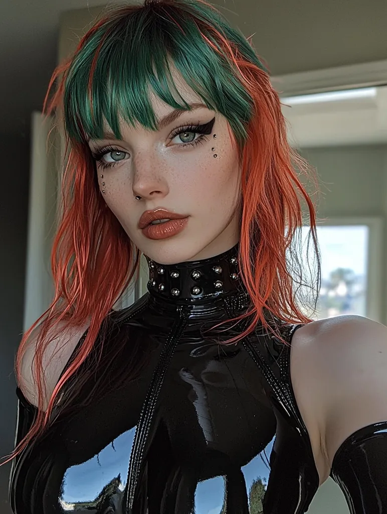 Here's a description of the image:

Close-up portrait of a young woman with striking, two-toned hair; vibrant teal green on top, transitioning to a fiery coral red underneath.  Her bangs are straight and blunt. Her makeup is bold, featuring winged eyeliner and subtle facial piercings. She wears a black, shiny, high-necked bodysuit with studded detailing at the collar. The overall aesthetic is edgy and fashion-forward, with a hint of gothic influence.  The background is blurred, drawing focus to the subject's distinctive look.