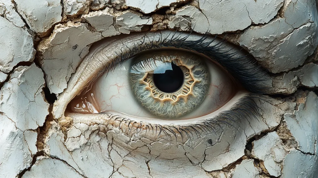 Close-up view of a single eye, strikingly set against a backdrop of cracked, aged skin.  The skin's texture resembles parched earth, with deep fissures and a pale, grayish-white tone.  The eye itself is detailed, with visible blood vessels and a distinctive iris pattern.  The contrast between the smooth, moist eye and the rough, desiccated skin creates a dramatic and unsettling visual effect.  The image suggests themes of age, decay, or perhaps even the supernatural.