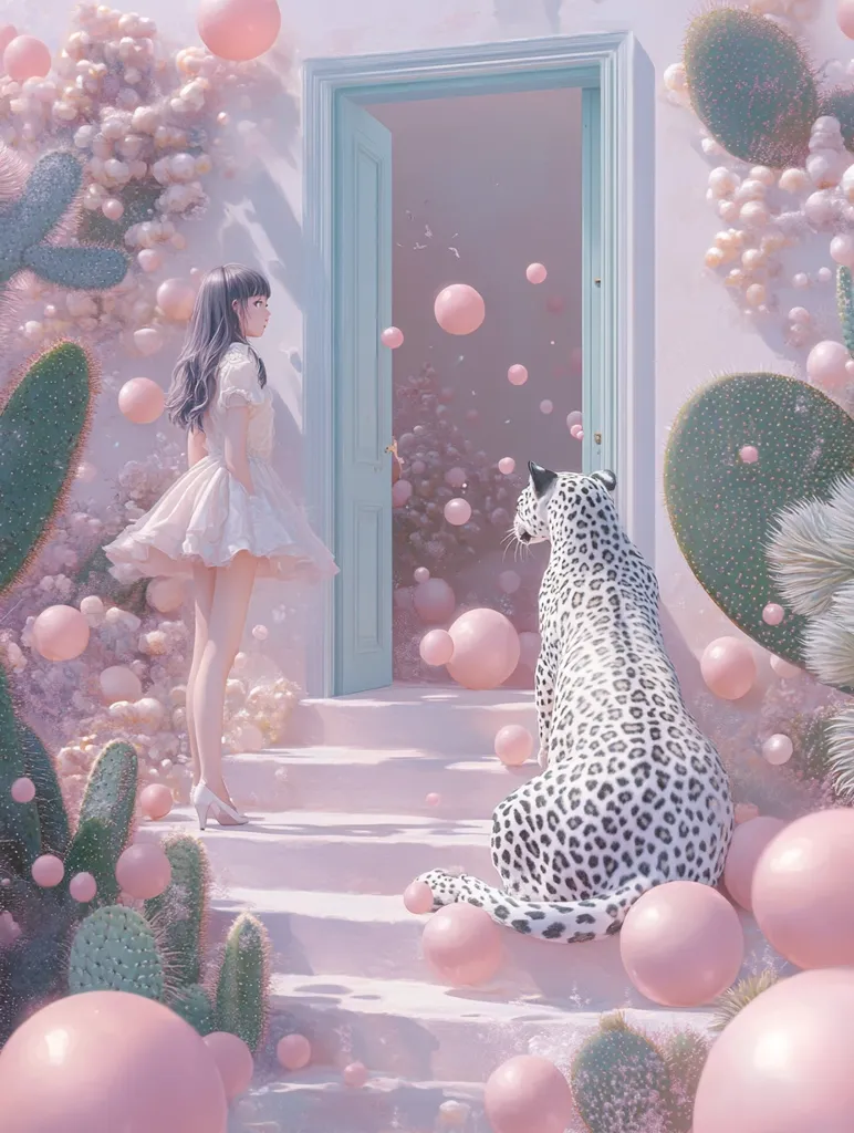 A young woman in a white dress stands on a pastel pink staircase, gazing towards an open door.  A spotted leopard sits patiently behind her.  The scene is surreal, filled with floating pink bubbles and whimsical cacti.  The overall aesthetic is dreamy and soft, with a light and airy feel, evoking a sense of wonder and gentle mystery.  The colors are muted pastels, creating a calming and whimsical atmosphere.