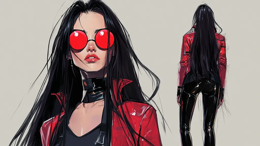 The image showcases a stylized female character, possibly from a comic book or video game.  She has long, black hair, and wears a red leather jacket, black leather pants, and large, round red sunglasses. Her expression is cool and confident. A second, rear view of the character is also shown, highlighting her attire. The artistic style is modern and slightly edgy, with a focus on sharp lines and bold colors.  The overall impression is one of sleek, powerful femininity.