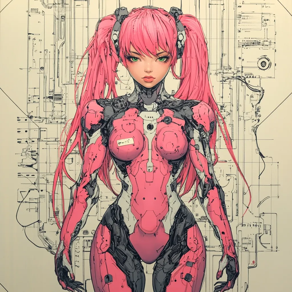 The image is a stylized illustration of a female cyborg.  She has long, bright pink twintails and wears a form-fitting, pink and grey robotic exoskeleton.  The exoskeleton is intricately detailed, showing mechanical joints and panels. The cyborg's facial features are soft and expressive, contrasting with the hard lines of her suit. The background consists of faded technical drawings, suggesting a blueprint or schematic, hinting at her creation or purpose. The overall style is a blend of anime and cyberpunk aesthetics.