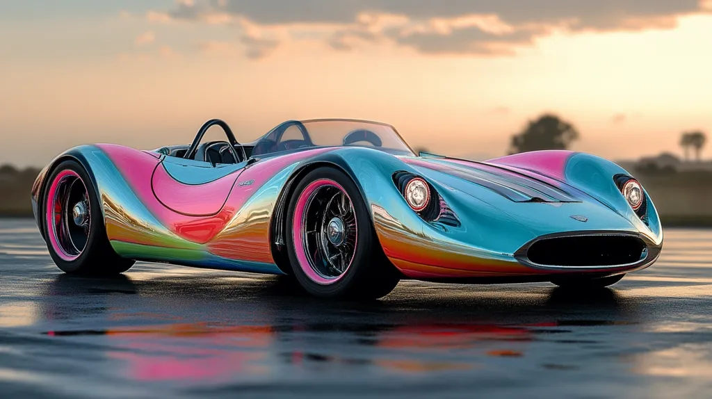 Here's a description of the image:

The image showcases a vibrant, custom-designed sports car, possibly a roadster, with a striking, multi-colored paint job.  The primary colors are a teal or light blue, complemented by bright pink, and hints of orange and green, creating a candy-like effect. The car is sleek and low to the ground, with large, stylish wheels featuring pink rims. It's parked on a dark, wet surface, reflecting the car's vivid colors. The background suggests a sunset or sunrise, with a muted sky and a blurred landscape, putting the focus squarely on the car's eye-catching design.
