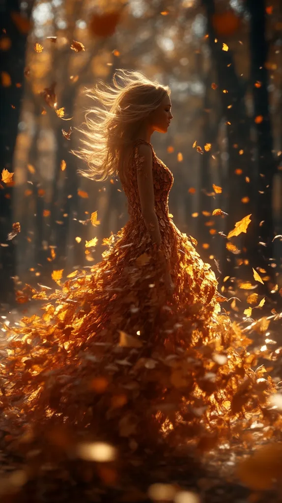 A woman with flowing blonde hair stands in a sun-drenched forest, enveloped by a swirling vortex of autumn leaves.  Her dress, seemingly crafted from the fallen foliage, merges seamlessly with the surrounding nature.  The warm, golden light creates a magical, ethereal atmosphere.  Leaves dance in the air, adding to the enchanting and whimsical scene.  The image evokes a sense of autumnal beauty and fleeting time.