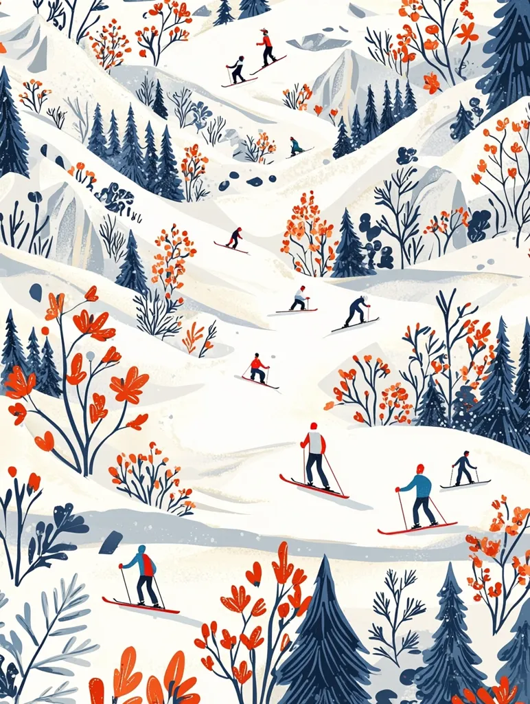 A stylized illustration depicts a snowy mountain landscape, teeming with skiers enjoying the winter wonderland.  The scene is vibrant with pops of orange from stylized flowering bushes contrasting against the white snow and dark blue-green evergreens.  Simple, minimalist figures of skiers traverse gentle slopes, creating a sense of peaceful winter activity.  The artwork's flat style and bold colors lend a cheerful, almost whimsical, feel to the wintry scene.