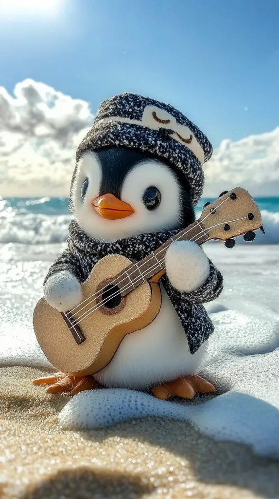 Here's a description of the image:

A charming, plush penguin, dressed in a knitted hat and cardigan, sits on a sandy beach.  Ocean waves lap gently at its feet. The penguin holds a small, golden ukulele.  The scene is bright and sunny, with a clear blue sky and fluffy white clouds in the background, creating a whimsical and adorable image.  The penguin's large eyes and cute expression add to the overall heartwarming feeling.