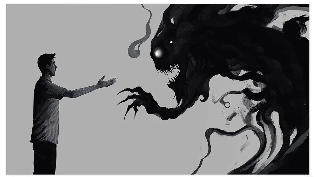 The monochromatic illustration depicts a man reaching out to a shadowy, monstrous figure. The man's posture is one of openness, perhaps acceptance or defiance, while the creature is menacing, with sharp claws and a gaping maw. The contrast between the defined human form and the amorphous, inky black monster suggests a struggle against an internal or external force, perhaps representing mental health challenges or a confrontation with fear.  The gray background emphasizes the stark duality of the scene.