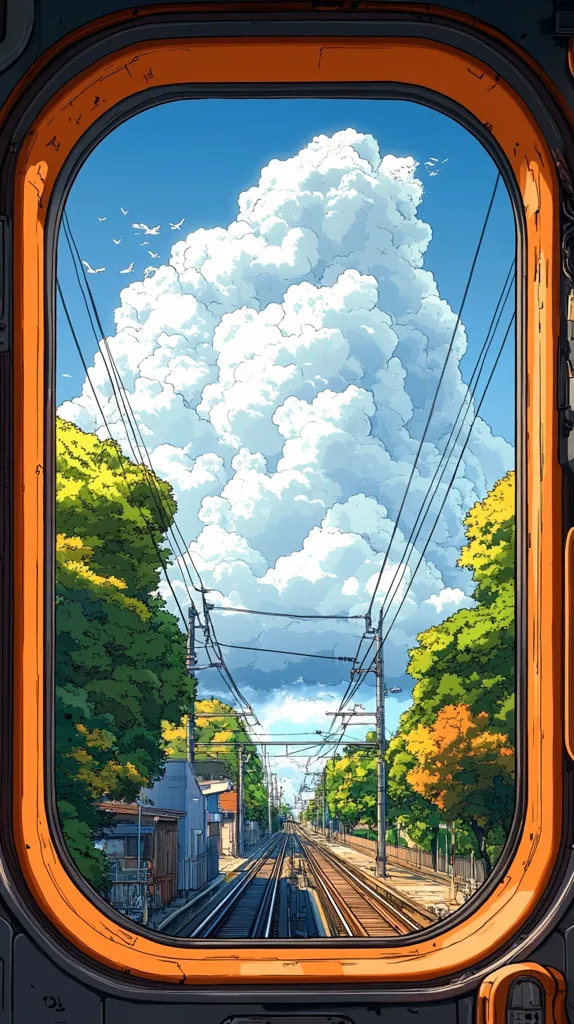 The image shows a vibrant, stylized view from a train window.  A large, fluffy cumulus cloud dominates a bright blue sky. Below, a railway track stretches into the distance, flanked by lush green and autumnal trees lining the streets.  Small houses and buildings are visible in the near background. The overall style is reminiscent of anime or digital painting, with a distinct, clean linework and saturated colors.  A few birds are seen flying in the upper left corner. The orange frame of the window adds to the image's whimsical, almost futuristic feel.