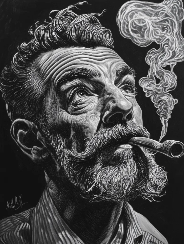 A striking black and white portrait depicts a man with a meticulously detailed beard and styled hair, gazing upward.  He holds a pipe, from which a wispy plume of smoke curls. The artist's skill is evident in the rendering of texture, from the man's deeply lined face to the individual hairs of his beard and the swirling smoke. The overall effect is one of thoughtful contemplation and rugged masculinity. The dark background emphasizes the subject's features.