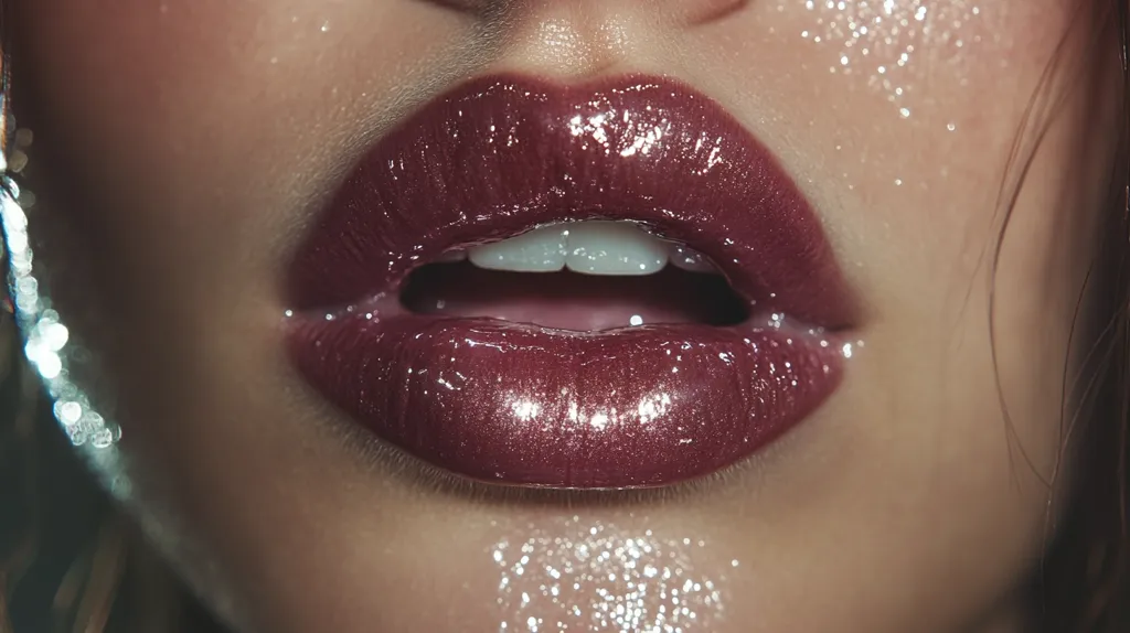 Close-up of a woman's mouth, showcasing glossy, dark-red lipstick with a subtle shimmer.  Her lips are slightly parted, revealing straight, white teeth.  Her skin is lightly dusted with glitter, enhancing the glamorous, sensual feel of the image.  The focus is sharply on the lips, drawing attention to the texture and color of the makeup.  A blurred, sparkly object is visible in the corner, adding to the overall luxurious aesthetic.