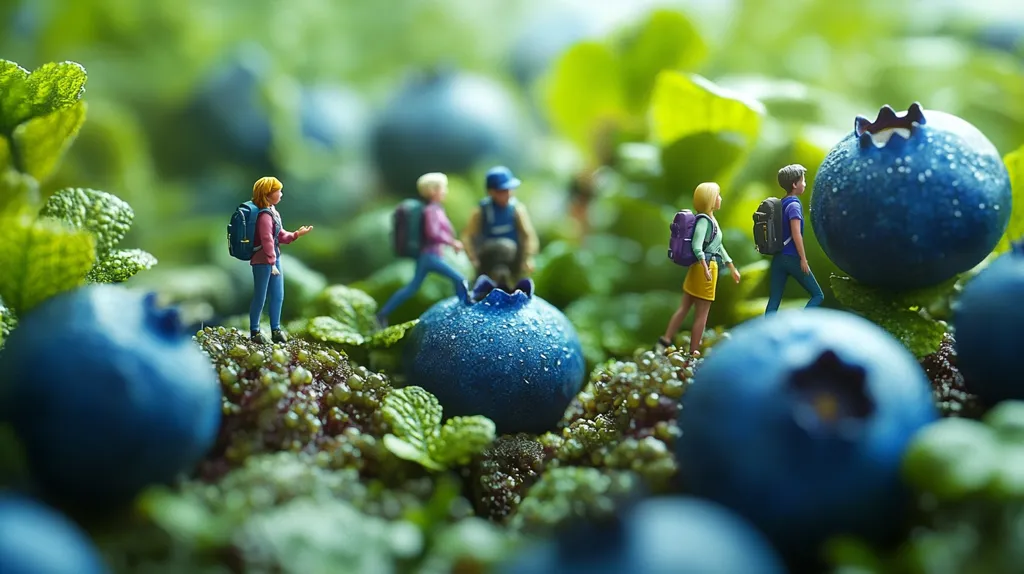 Here is a description of the image in 100 words:

The image is a whimsical miniature scene depicting a group of hikers amongst giant blueberries.  Tiny figures, each with a backpack, navigate a landscape of oversized, dew-kissed blueberries and vibrant green foliage.  The blueberries are plump and glistening, suggesting freshness and abundance. The depth of field focuses primarily on the hikers and nearby berries, blurring the background into a soft, green bokeh. The overall effect is one of playful scale and contrasts, suggesting a journey through a fantastical, fruit-filled world.  The scene's lighting is soft and natural, enhancing its dreamlike quality.