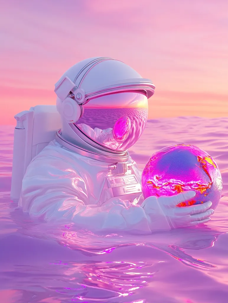 Here's a description of the image:

The image is a digital rendering depicting a white astronaut, partially submerged in a pink, ethereal liquid.  The astronaut's helmet reflects a pink sunset, mirroring the surrounding calm waters. The astronaut gently cradles a glowing, iridescent Earth in their hands.  The overall aesthetic is surreal and dreamlike, with a pastel color palette dominating the scene. The light is soft, creating a peaceful, almost melancholic mood. The image suggests themes of environmentalism, space exploration, and the fragility of our planet.