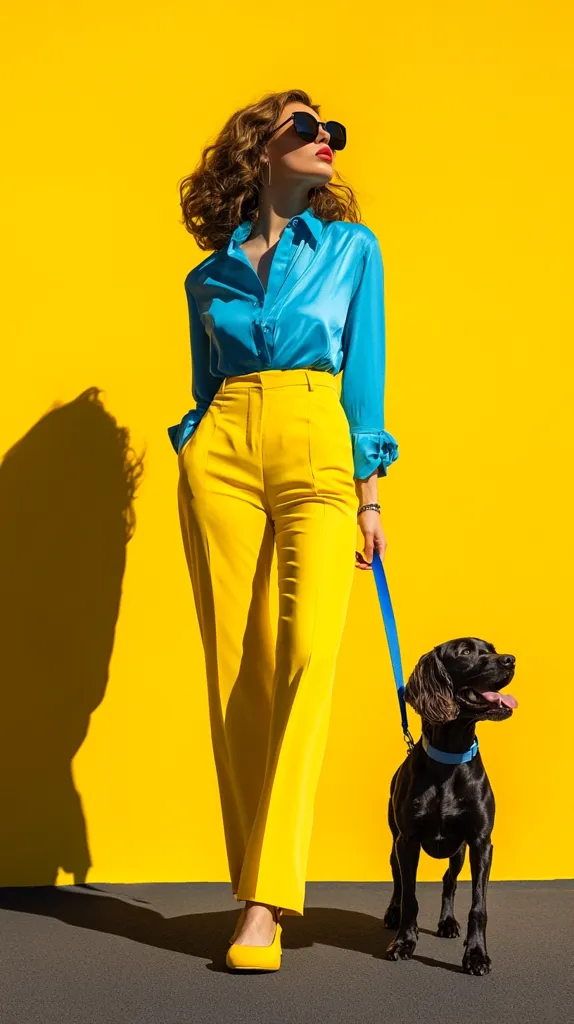 A stylish woman with curly brown hair and sunglasses, wearing a vibrant turquoise shirt and bright yellow trousers, strolls against a sunny yellow background.  She is holding a leash attached to a black dog, which sits calmly beside her. The scene is bold and colorful, with a strong contrast between the woman's clothing and the backdrop.  The overall mood is cheerful and fashionable.