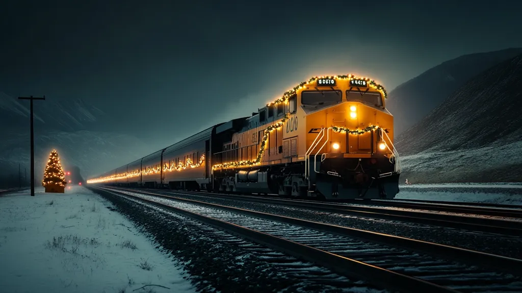 A long freight train, adorned with festive Christmas lights, rolls through a snowy landscape at night. The lead locomotive, a vibrant yellow, is prominently featured, its front illuminated. A small, illuminated Christmas tree stands beside the tracks in the foreground, adding to the wintery scene.  Dark mountains form a backdrop under a twilight sky. The overall image evokes a sense of magical holiday travel.