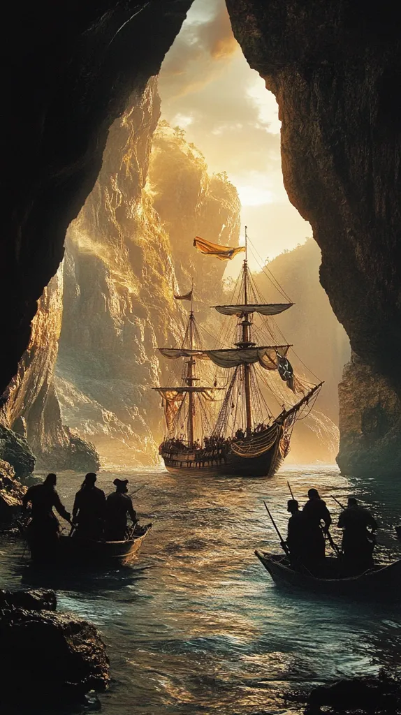 A majestic sailing ship, bathed in the golden light of sunset, emerges from a narrow passage between towering, dark cliffs.  Two small rowboats, each carrying silhouetted figures, approach the larger vessel from either side. The scene is dramatic and evocative, suggesting a hidden cove or secluded harbor, possibly a pirate's lair. The water is calm, reflecting the warm hues of the sky. The overall mood is one of adventure and mystery.
