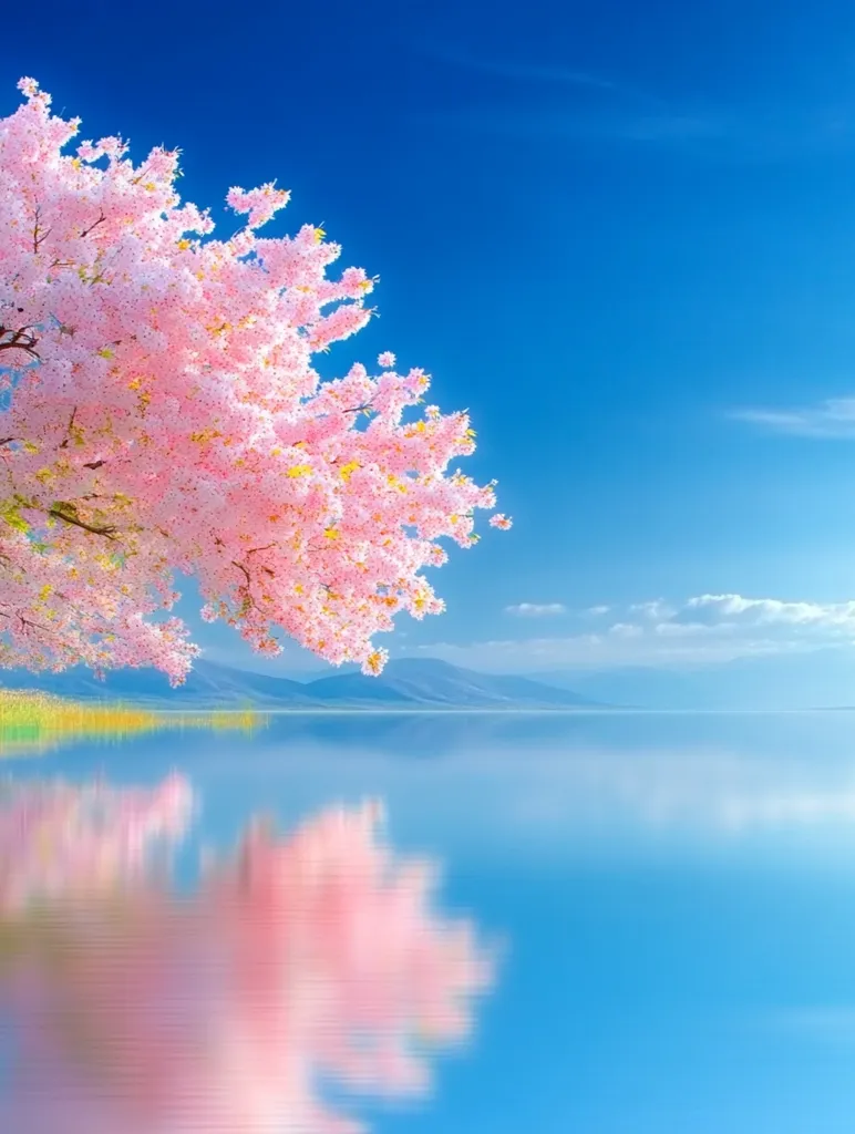 A vibrant pink cherry blossom tree, laden with delicate blooms, overhangs a serene, calm lake under a clear blue sky.  The tranquil water mirrors the tree's beauty, creating a double image of the blossoms.  Distant, hazy mountains form a peaceful backdrop to this idyllic springtime scene, evoking a sense of tranquility and natural beauty. The overall effect is one of breathtaking serenity and visual harmony.