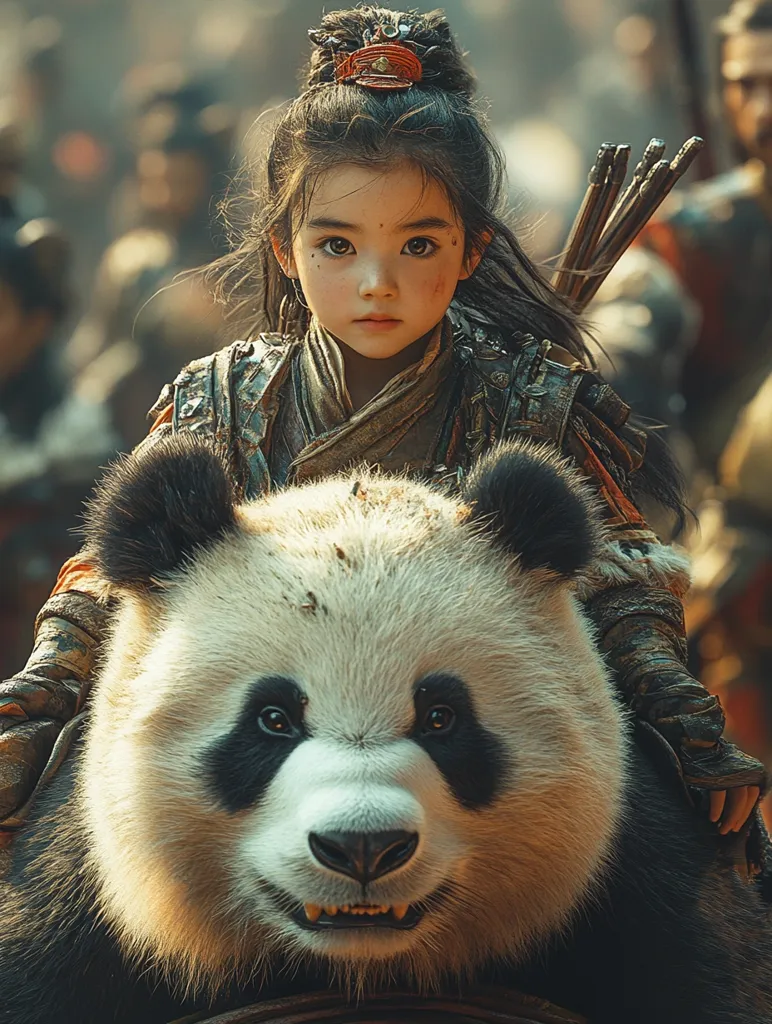 A young girl, dressed in weathered warrior attire, sits atop a giant panda.  Her dark hair is neatly styled, and she wears a small, ornate hairpiece.  She gazes directly at the viewer with a serious expression.  A quiver of arrows rests on her back, suggesting a combat role.  The background is blurred but shows a battlefield or encampment, indicating a scene of conflict or adventure. The image is stylized, with rich textures and a cinematic feel.