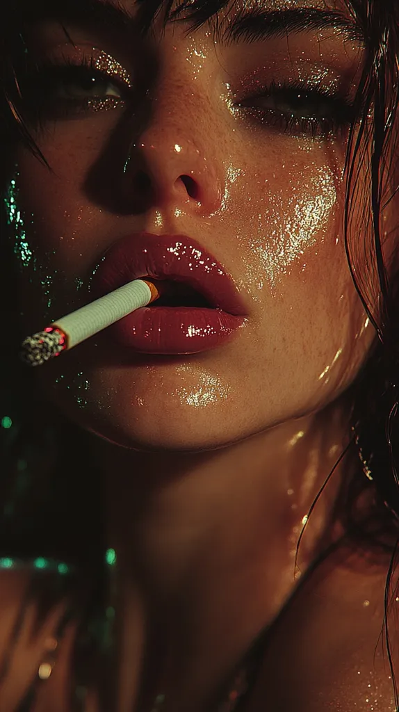 Close-up of a woman's face, glistening with sweat or oil.  Her dark hair is wet, framing a face with dramatic makeup, emphasizing her eyes and full, glossy lips. A cigarette is held delicately between her lips. The lighting is moody and dramatic, enhancing the overall sensual and slightly edgy mood of the image.  The overall effect is one of alluring mystery.