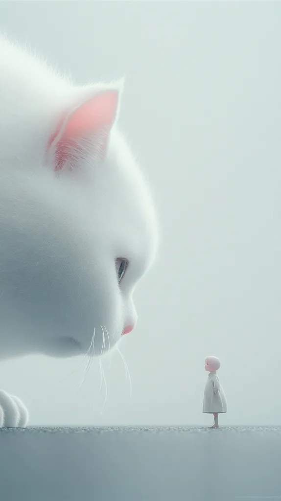 The image depicts a whimsical scene featuring a colossal white cat and a tiny human girl. The cat, rendered in soft, fluffy detail, dominates the frame, its large size emphasized by the minuscule girl standing below. Both are facing each other, creating a sense of gentle confrontation or curious observation. The overall palette is muted, with soft whites, grays, and light pinks, contributing to a serene and dreamlike atmosphere. The style suggests digital art or illustration, with a focus on smooth textures and a muted color scheme.