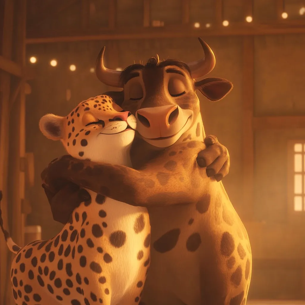 Here's a description of the image:

The image showcases a heartwarming scene of a large, brown bull and a smaller, spotted cheetah embracing in a tender hug.  The bull's horns curve gently upwards, and both animals have kind, gentle expressions. The warm, golden light suggests a sunset or sunrise, casting a soft glow on their fur. They are positioned in what looks like a rustic barn interior, with blurry lights in the background, further enhancing the serene atmosphere. The focus is clearly on the affectionate bond between the two animated animals.