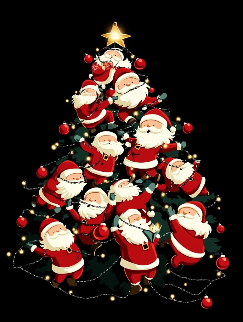 Here's a description of the image:

A festive illustration depicts a Christmas tree formed entirely of numerous Santa Clauses, playfully intertwined and adorning a dark green tree.  Each Santa is rendered in classic red and white attire, with varying facial expressions suggesting merriment and chaos.  The tree is embellished with strings of warm-toned fairy lights and red ornaments, adding to the overall celebratory ambiance set against a stark black backdrop. A golden star crowns the top, completing the whimsical Christmas tree made entirely of jolly Santas.
