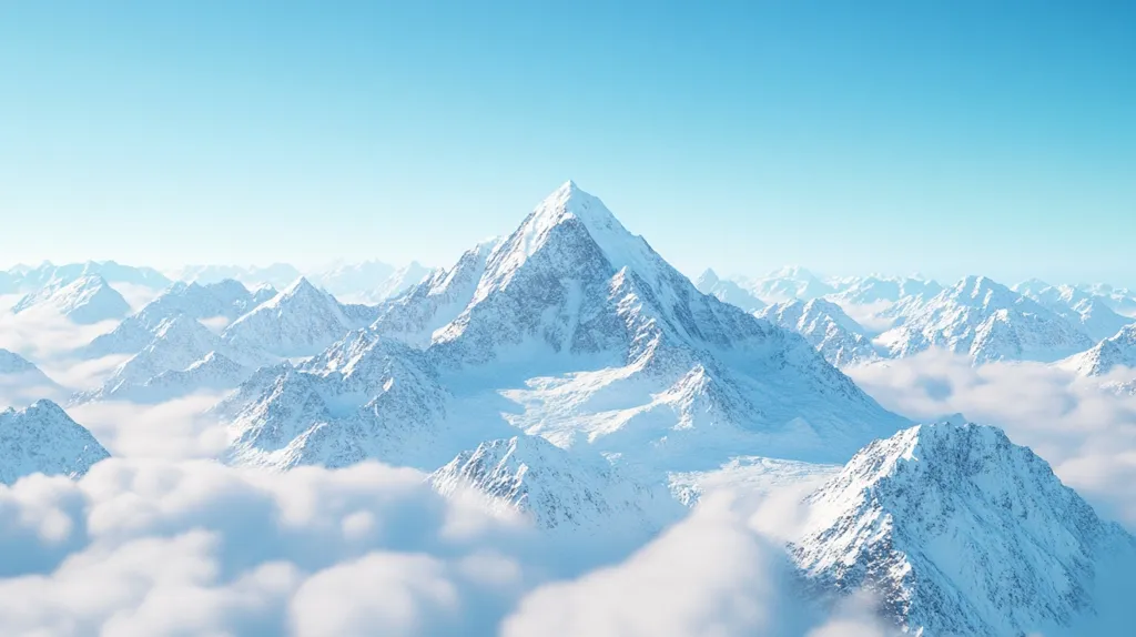 Here is a description of the image:

A breathtaking aerial view showcases a majestic snow-capped mountain range piercing a sea of clouds under a clear, bright blue sky. The central peak, sharply defined against the sky, dominates the scene.  Surrounding it are numerous other peaks and valleys, all blanketed in pristine white snow. The clouds below fill the valleys, creating a dramatic contrast between the snow-covered heights and the ethereal expanse below. The overall impression is one of immense scale and serene beauty, a pristine and untouched winter wonderland.