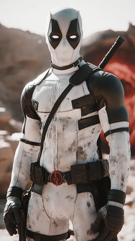 Here's a description of the image:

The image shows Deadpool in a battle-worn white suit.  The suit is heavily textured, showing signs of dirt and wear.  His mask is also white, contrasting with the black accents on his suit and gloves. A katana is visible partially behind him.  The background is a desolate, rocky landscape, suggesting a post-battle or harsh environment. Deadpool's stance and expression are serious, conveying a sense of readiness or contemplation.  The overall mood is one of gritty realism.