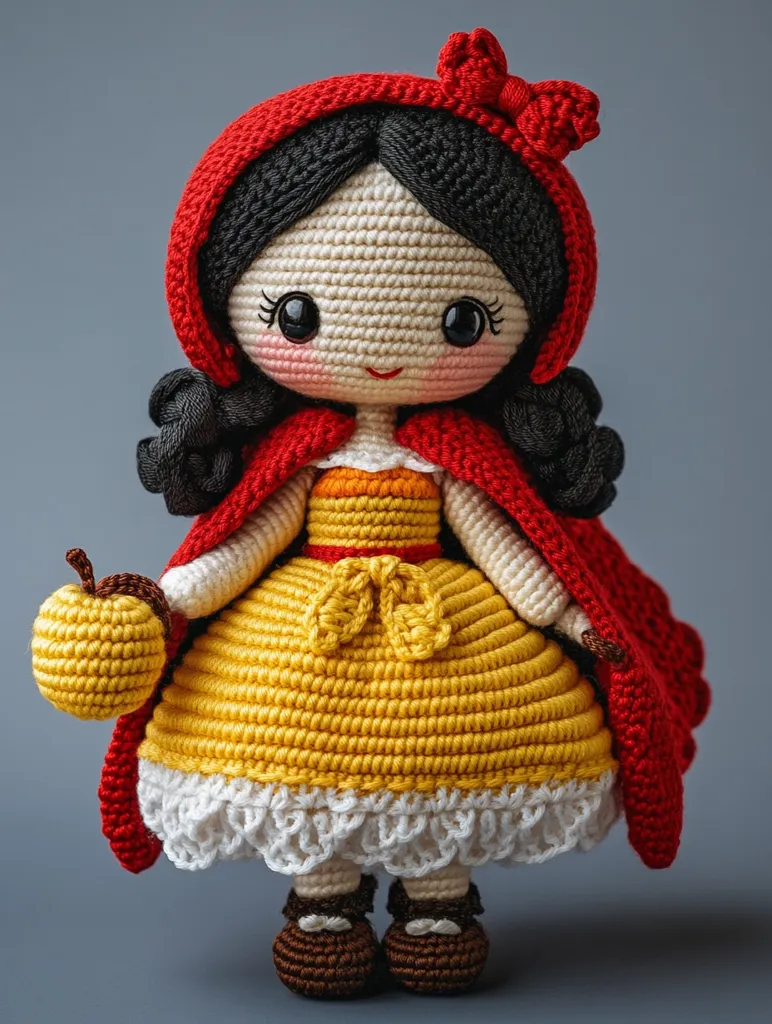 This charming amigurumi doll is a crocheted Snow White.  She's dressed in a yellow gown with a white lace trim, a red hooded cape, and brown shoes.  Her dark hair is styled in neat braids, and she holds a small crocheted yellow apple.  The doll's features, including large eyes and a sweet smile, are meticulously crafted, giving her an endearingly innocent expression. The overall texture and color palette contribute to the doll's handcrafted charm.