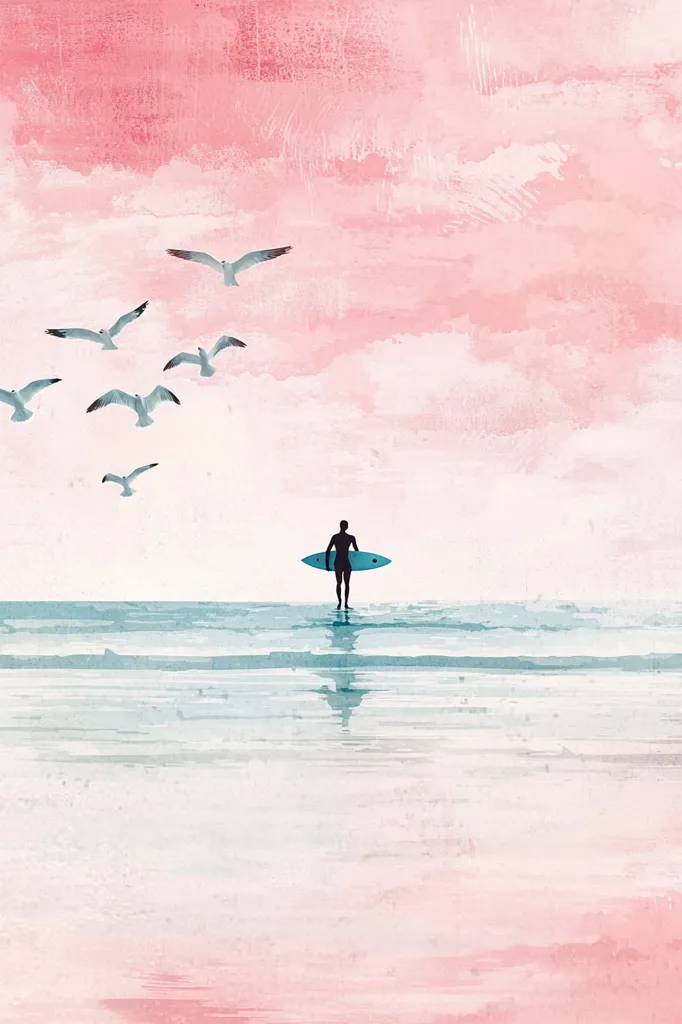 Here's a description of the image:

The image is a serene watercolor painting depicting a lone surfer standing on a tranquil beach, facing the ocean. Above, a soft pink sky is painted with delicate brushstrokes, suggesting a sunrise or sunset. Several seagulls fly in a loose formation against the sky. The water is calm, with subtle waves, mirroring the peaceful atmosphere. The overall color palette is pastel, with soft pinks, blues, and whites dominating the scene. The surfer is silhouetted, adding to the image's tranquil and minimalist aesthetic. The style evokes a sense of peace and solitude.