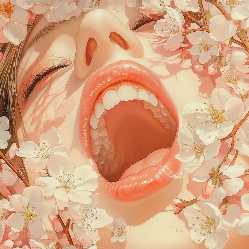 A close-up digital painting depicts a woman's face partially obscured by delicate, light pink cherry blossoms. Her eyes are closed, and her mouth is wide open, revealing numerous teeth in a stylized, almost surreal manner. The overall aesthetic is soft, dreamy, and slightly unsettling due to the juxtaposition of the serene blossoms and the woman's open mouth.  The colors are warm, pastel tones, creating a harmonious yet slightly unnerving effect.