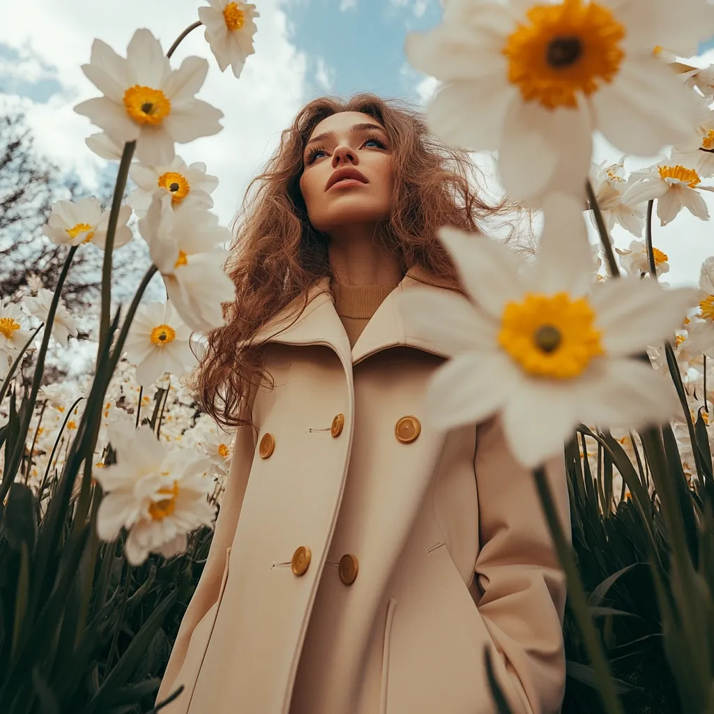 A young woman with long, wavy brown hair looks upward, surrounded by a field of blooming white daffodils.  She's wearing a light beige double-breasted coat, its simple elegance contrasting with the vibrant floral backdrop.  The low angle shot emphasizes the abundance of flowers and the woman's serene expression against the bright sky.  The overall mood is one of springtime beauty and peaceful contemplation.