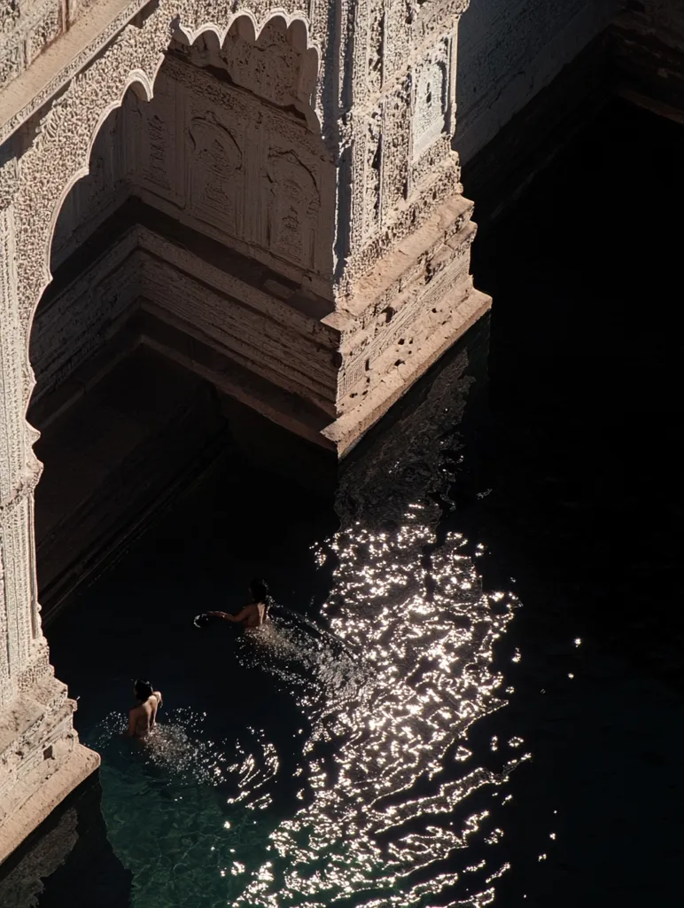 Here's a description of the image:

High-angle view of two individuals swimming in a dark, still body of water nestled within an ancient, intricately carved stone structure.  The architecture, possibly a well or cistern, features ornate arches and detailed relief work, suggesting a historical site. Sunlight glints off the water's surface, creating shimmering patterns. The contrast between the light reflecting on the water and the dark shadows within the structure emphasizes the depth and age of the location. The swimmers are small figures against the larger scale of the ancient stonework, highlighting the passage of time and human interaction with this historic setting.