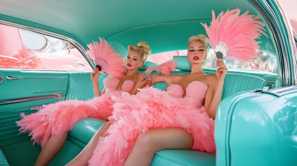 Two women in matching pink feather boas and beaded bustiers sit in a teal vintage car.  They hold pink feather hand fans.  Their blonde updos and glamorous makeup complete the retro look. The car's interior is pristine, and a pink car is visible through the back window. The overall image is vibrant and evokes a 1950s aesthetic.
