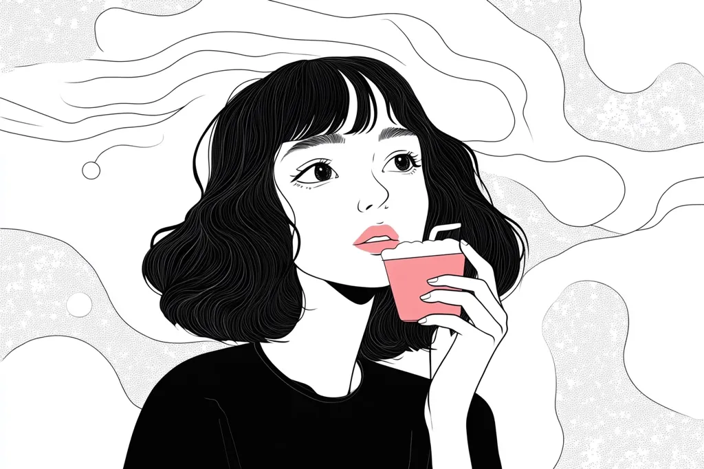 Here's a description of the image:

The illustration is a stylized line drawing of a young woman with dark, wavy bobbed hair.  She has large, expressive eyes and is shown holding a pink drink with a straw. Her expression is serene and thoughtful. The background features abstract, swirling lines and textured shapes in grayscale, contrasting with the clean lines of the woman’s portrait.  The overall style is minimalist and elegant, with a focus on soft lines and subtle shading. The color palette is limited to black, white, and a pale pink for the drink.