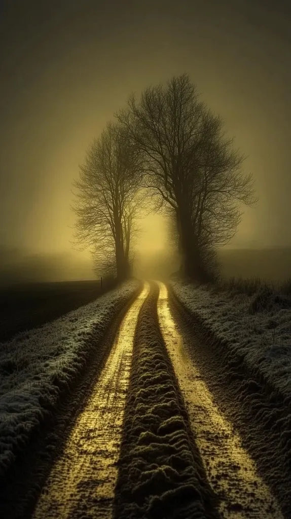 A misty, golden sunrise bathes a dirt road disappearing into the distance.  Two bare trees frame the path, their silhouettes stark against the luminous fog.  The road's tire tracks are clearly defined, reflecting the soft light.  A light dusting of snow or frost lines the road's edges, adding to the serene, almost ethereal, atmosphere of the scene. The overall mood is peaceful and contemplative.