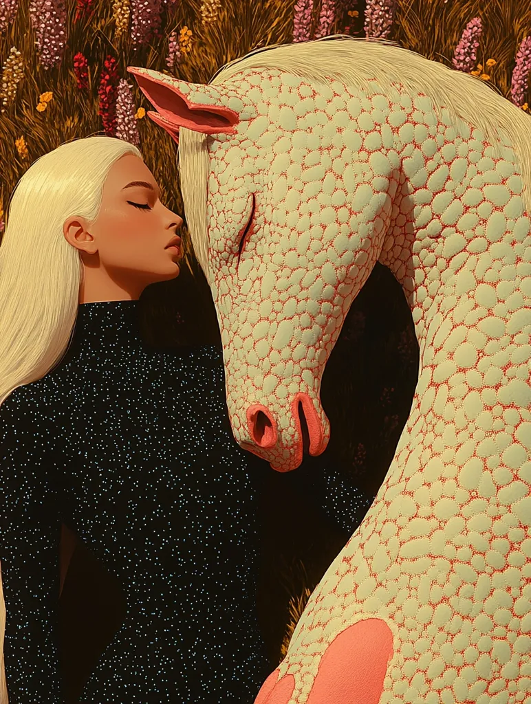 Here's a description of the image:

The illustration depicts a blonde woman with long hair, wearing a black, sparkly, long-sleeved top, lying next to a stylized horse. The horse is pale yellow with a textured, pebble-like skin pattern outlined in coral.  Its eyes are closed, suggesting calmness or sleep. The woman’s head is resting gently against the horse's neck, their faces almost touching. The background features a blurred field of wildflowers in warm, muted tones. The overall style is surreal and dreamlike, with a focus on soft colors and textures. The scene exudes a sense of tranquility and connection between the woman and the animal.