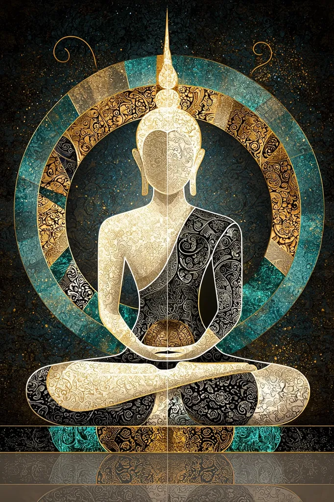 Here's a description of the image:

The artwork depicts a Buddha in a seated meditation pose, centrally positioned against a dark teal and gold background. The Buddha's body is intricately adorned with ornate, swirling patterns in gold and black, creating a mandala-like effect. The background features a circular design with similar intricate detailing in teal and gold, suggestive of a cosmic or spiritual setting.  The overall style blends traditional Buddhist iconography with contemporary art, resulting in a serene yet visually striking piece.  The color palette is rich and luxurious, emphasizing gold and dark teal tones.
