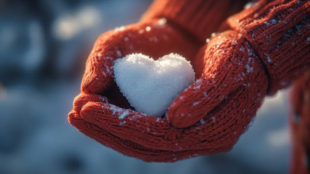 Close-up view of a pair of orange knitted mittens gently holding a small, heart-shaped snowball.  The mittens are dusted with snowflakes, suggesting a cold, wintery setting. The contrast between the warm, textured mittens and the cold, pristine snow creates a visually appealing image, evoking feelings of warmth, love, and the beauty of winter.  The focus is sharp on the heart and mittens, while the background is softly blurred.