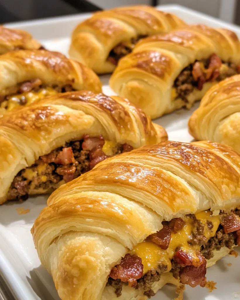 A white tray holds several golden-brown croissants, each split and filled with a savory mixture of ground beef, bacon, and melted cheese.  The croissants are buttery and flaky, showcasing a rich, glistening sheen.  The filling is generously overflowing, promising a delicious and hearty bite. The image highlights the texture and appetizing nature of the filled pastries.