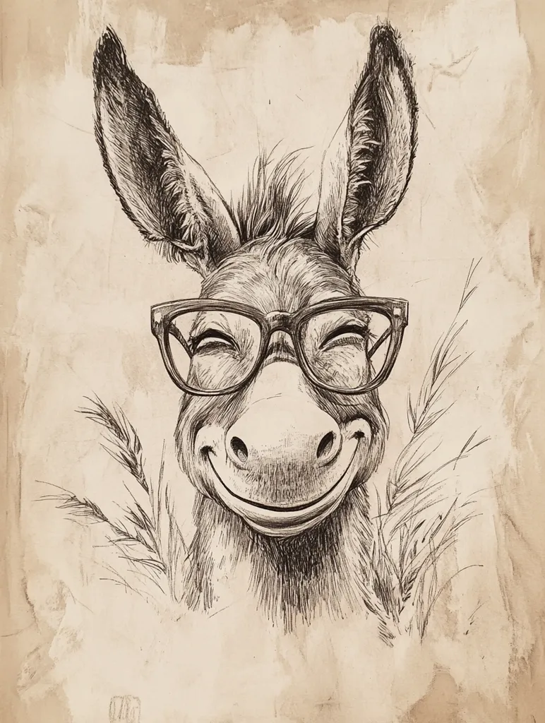 Here's a description of the image:

The illustration is a charmingly whimsical pencil sketch of a donkey. The donkey is depicted wearing glasses and has a broad, happy grin. Its large ears stick out prominently on either side of its face.  The style is reminiscent of vintage artwork, with a sepia tone and textured background suggesting aged parchment.  Tall grasses frame the donkey's face, adding to the rustic feel. The overall mood is one of cheerful contentment.