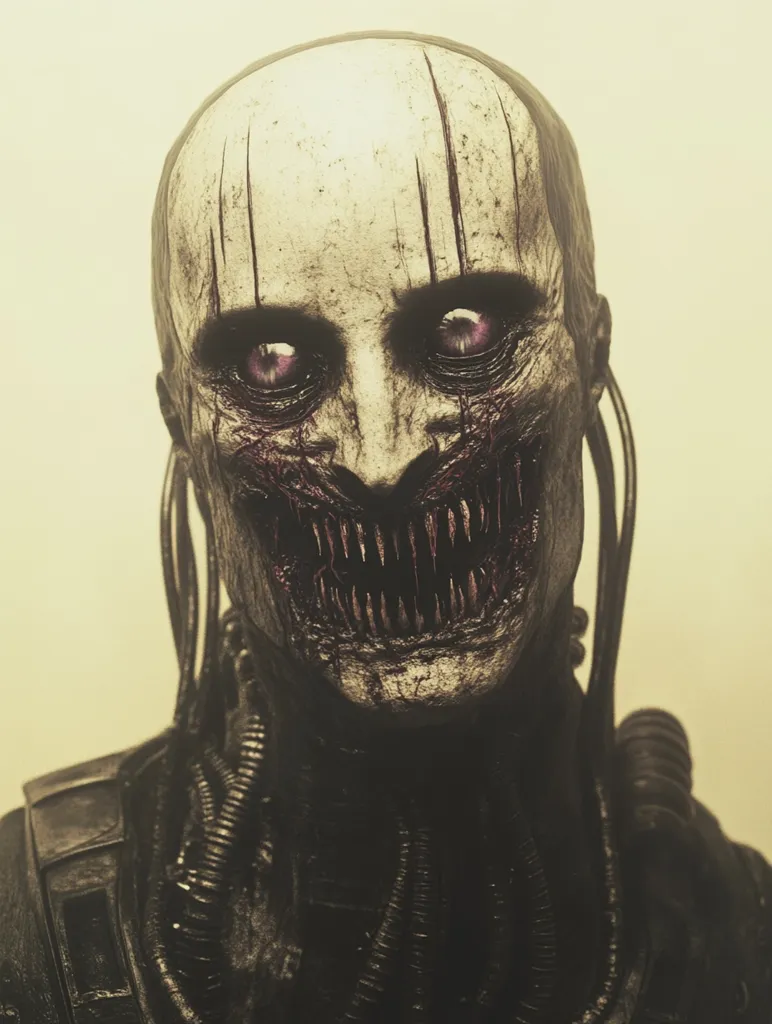 The image shows a close-up of a horrifying, pale-skinned creature. Its face is severely disfigured, with deep wrinkles, bloody fissures, and an unsettlingly wide, toothy grin.  Intense purple eyes stare out from shadowed sockets.  The creature's bald head and neck are adorned with dark, mechanical-looking tubes or wires, suggesting a cyborg or bio-engineered being. The overall aesthetic is dark, gritty, and evokes a sense of horror or science fiction.