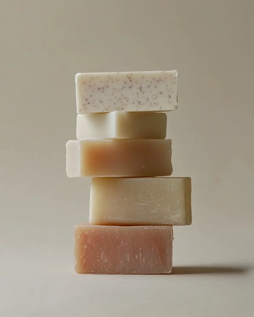 Here's a description of the image:

A stack of four rectangular bars of soap sits on a light beige surface against a similar-toned backdrop.  The soaps are subtly different shades of beige and off-white, with the top bar having a speckled texture. The stack is neatly arranged, showcasing the various colors and textures of the artisanal soaps. The lighting is soft and diffused, creating a minimalist and clean aesthetic.