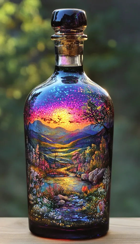 A dark glass bottle, adorned with a vibrant painted landscape, sits on a wooden surface.  The artwork depicts a serene river scene at sunset, nestled amongst colorful wildflowers and rolling hills, under a sky filled with birds. The bottle's iridescent surface shimmers, adding to the magical quality of the painted scene.  The intricate detail and rich colors create a captivating piece of art.