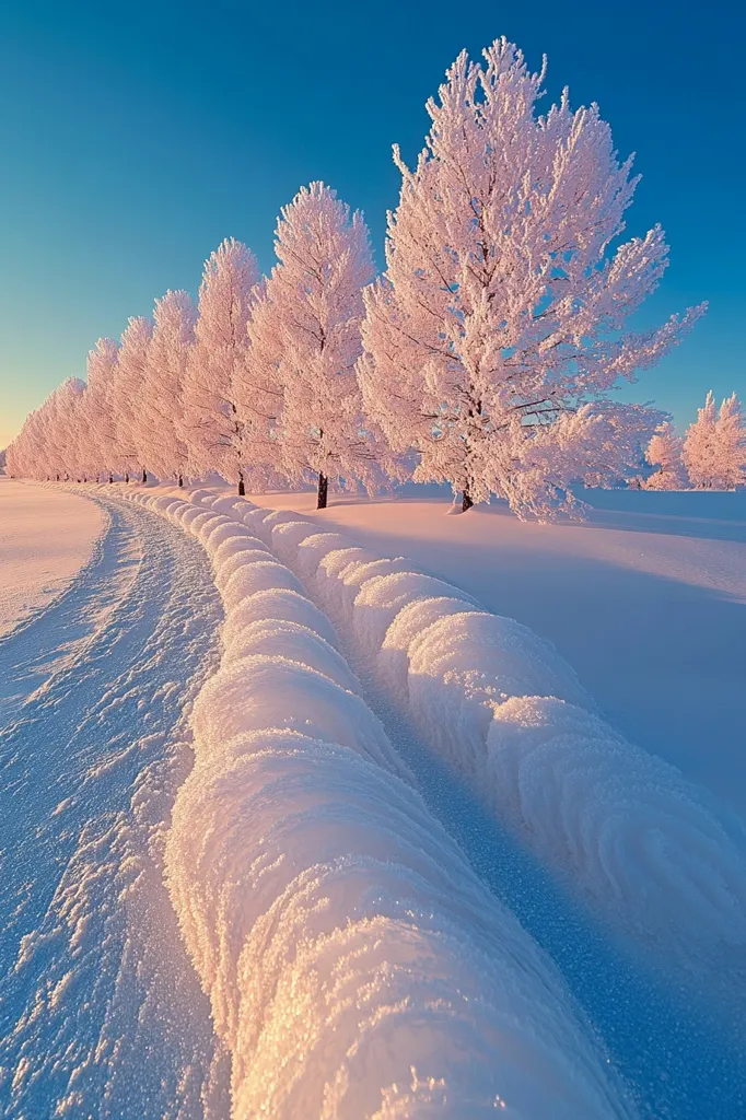 Here is a description of the image:

A breathtaking winter scene unfolds, showcasing a picturesque lane lined with frost-covered trees. The trees, standing in a row, are adorned with a thick layer of glistening white frost, creating a magical, fairytale-like ambiance. The path is uniquely shaped by snowdrifts, which have been molded into soft, swirling rolls.  The sky is a clear, vibrant blue, deepening towards a lighter hue at the horizon, giving the overall image a soft, pastel tone. The scene is serene and peaceful, evoking a sense of quiet winter beauty.