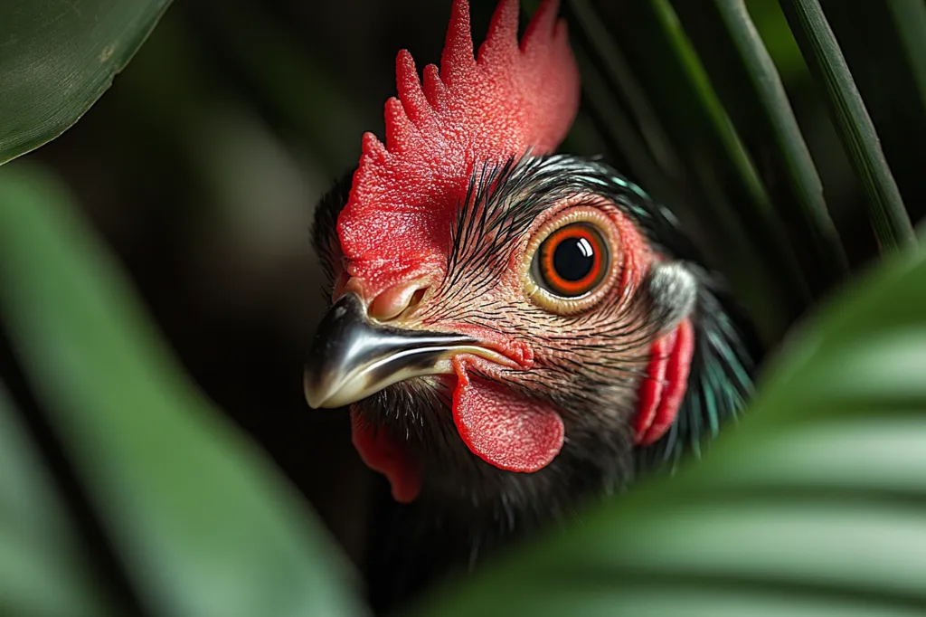 Here's a description of the image:

Close-up view of a hen's head partially obscured by lush green foliage.  The hen is predominantly dark-colored, possibly black, with vibrant red comb and wattles. Its large, expressive orange eye is clearly visible. The background is dark and blurry, drawing focus to the hen's detailed features.  The image suggests a sense of hidden observation or the hen seeking shelter amongst the plants.  The contrast between the dark hen and the bright green leaves is striking.