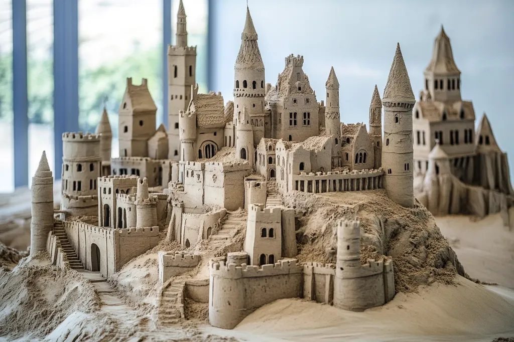 A meticulously crafted sandcastle, resembling a medieval fortress, dominates the foreground.  Intricate details, including towers, walls, stairs, and archways, showcase remarkable artistry.  A smaller sandcastle is visible in the background, suggesting a larger scene or a kingdom. The light brown sand forms textured surfaces, creating a realistic castle effect against a blurred background of a window. The overall impression is one of impressive skill and attention to detail in creating this ephemeral architectural masterpiece.