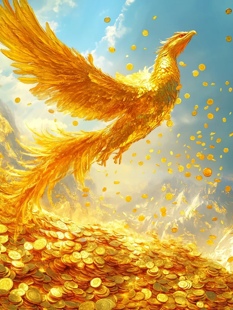 A golden phoenix, its feathers shimmering, soars through a sky filled with falling gold coins.  The bird descends towards a massive pile of gold coins that stretches across the landscape.  Mountains are visible in the background, bathed in a warm, ethereal light.  The overall scene evokes a sense of wealth, magic, and wonder, like a mythical depiction of prosperity and abundance.